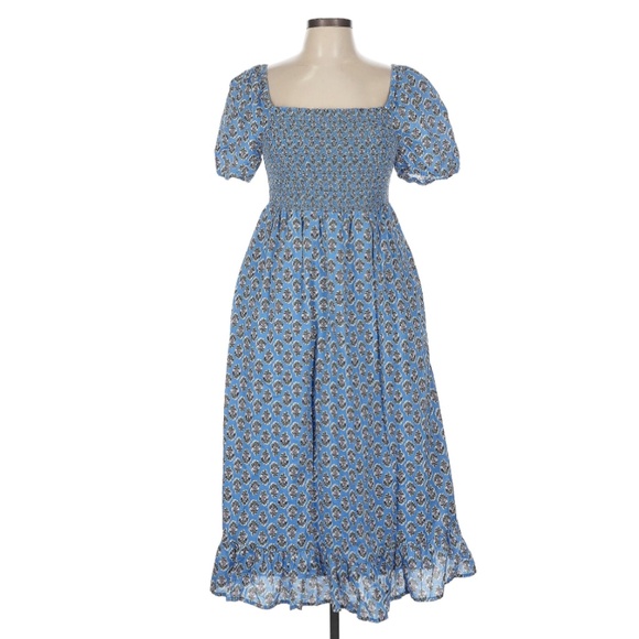 J. Crew Dresses & Skirts - (19) 100% cotton printed calico summer blue puff sleeve smock midi dress